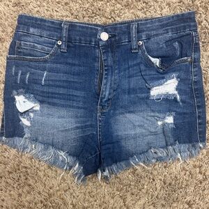 Frayed Hem Distressed Blue Denim Shorts